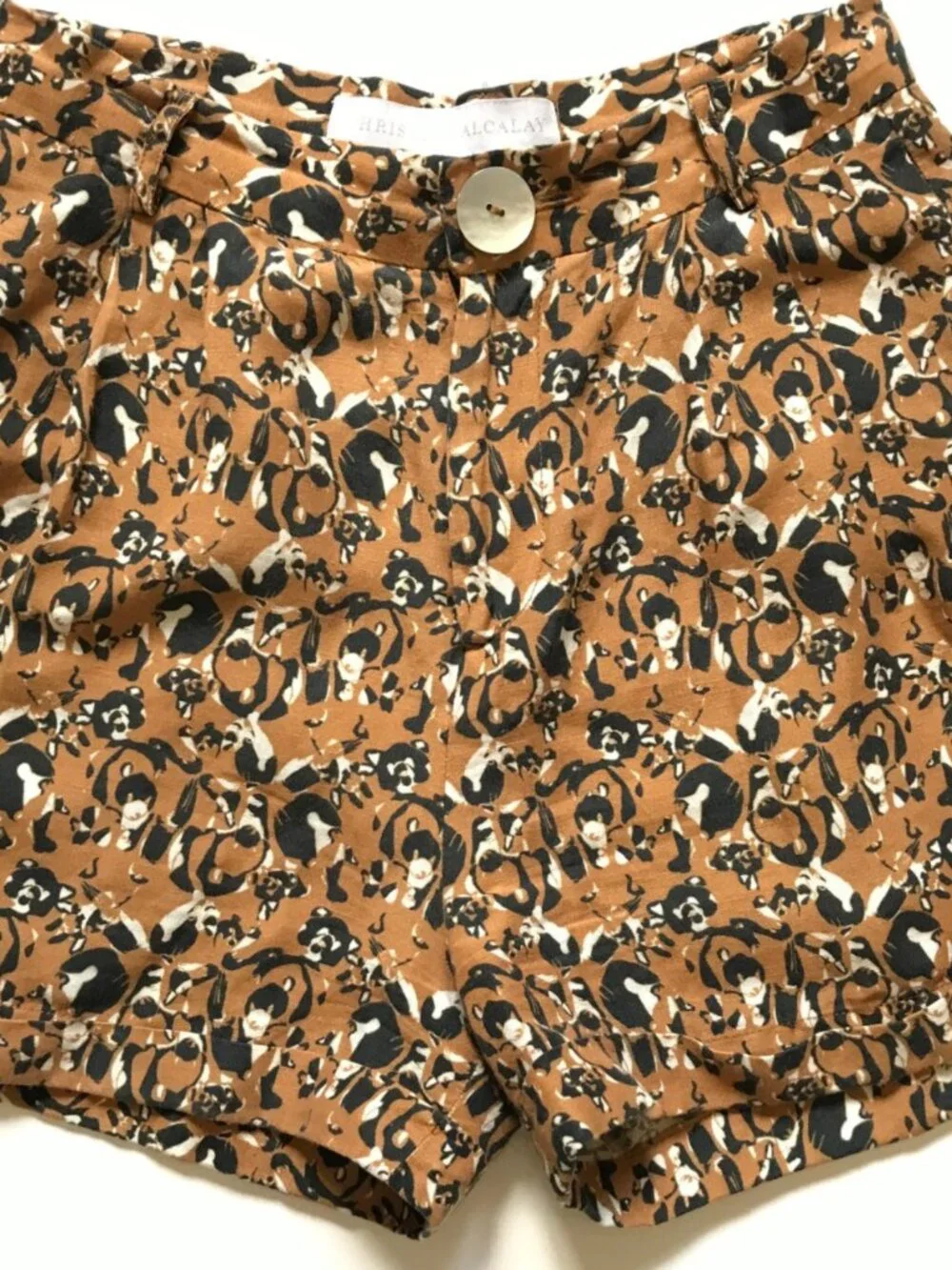 Christine Alcalay High Rise Waisted Shorts Womens 0 Brown Black Linen Tencel